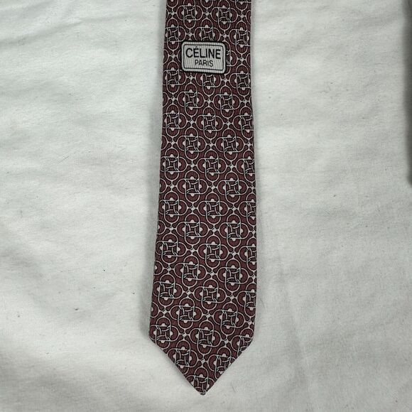 Céline Paris Men's Tie 100% Silk Handmade In France Burgundy White L58 W3 - Picture 12 of 14
